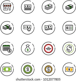 line vector icon set - duty free vector, dollar, cash, finance calendar, money bag, tax peage road sign