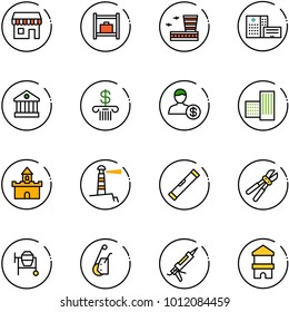 line vector icon set - duty free vector, baggage room, airport building, hospital, bank, account, sand fort, lighthouse, level, bolt cutter, cocncrete mixer, winch, gun sealant, toy block house
