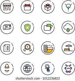 line vector icon set - duty free vector, gift, bladder, credit card, shield cross, folder, download cloud, list, gold medal, hotel, inflatable pool, swimsuit, globe, doll, toy monster