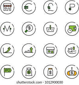 line vector icon set - duty free vector, euro, pound, ruble, monero, money search, basket, wallet time, growth arrow, store, ipo, bag, dollar