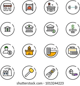 line vector icon set - duty free vector, baggage room, airport building, barbell, bank, account, sand fort, hotel, sea, plant, rubber hammer, bolt cutter, constructor blocks