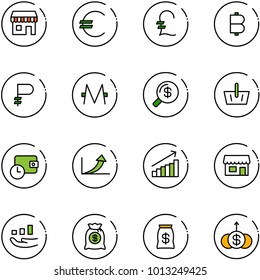 line vector icon set - duty free vector, euro, pound, bitcoin, ruble, monero, money search, basket, wallet time, growth arrow, store, bag, dollar