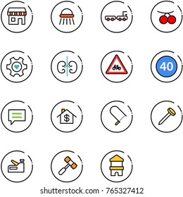 line vector icon set - duty free vector, shower, baggage truck, rowanberry, heart gear, kidneys, road for moto sign, minimal speed limit, chat, home dollar, fretsaw, nail, stapler, toy hammer