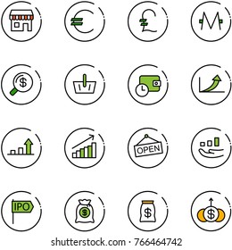 line vector icon set - duty free vector, euro, pound, monero, money search, basket, wallet time, growth arrow, open, ipo, bag, dollar