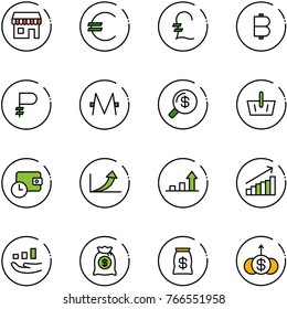 line vector icon set - duty free vector, euro, pound, bitcoin, ruble, monero, money search, basket, wallet time, growth arrow, bag, dollar
