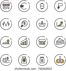 line vector icon set - duty free vector, euro, bitcoin, ruble, monero, money search, basket, growth arrow, store, open, bag, dollar