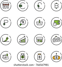 line vector icon set - duty free vector, euro, pound, bitcoin, ruble, money search, basket, wallet time, growth arrow, store, open, bag, dollar