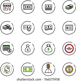 line vector icon set - duty free vector, dollar, cash, finance calendar, money bag, tax peage road sign