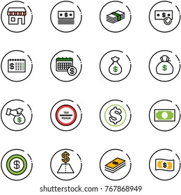 line vector icon set - duty free vector, dollar, cash, finance calendar, money bag, encashment, tax peage road sign