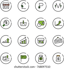 line vector icon set - duty free vector, pound, ruble, monero, money search, basket, wallet time, growth arrow, store, open, ipo, bag