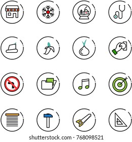 line vector icon set - duty free vector, snowflake, snowball house, stethoscope, treadmill, banana, onion, cash pay, no left turn road sign, folder, music, target, jalousie, hammer, saw
