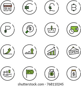 line vector icon set - duty free vector, euro, pound, bitcoin, ruble, money search, basket, wallet time, growth arrow, open, ipo, bag