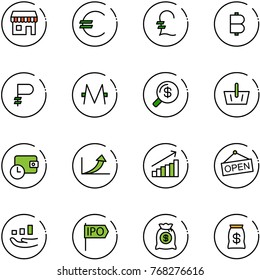 line vector icon set - duty free vector, euro, pound, bitcoin, ruble, monero, money search, basket, wallet time, growth arrow, open, ipo, bag