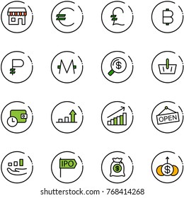 line vector icon set - duty free vector, euro, pound, bitcoin, ruble, monero, money search, basket, wallet time, growth arrow, open, ipo, bag, dollar