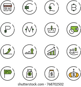 line vector icon set - duty free vector, euro, pound, bitcoin, ruble, monero, basket, wallet time, growth arrow, ipo, money bag, dollar