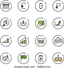 line vector icon set - duty free vector, pound, bitcoin, ruble, money search, basket, wallet time, growth arrow, store, open, ipo, bag, dollar