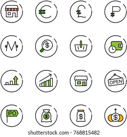 line vector icon set - duty free vector, euro, pound, ruble, monero, money search, basket, wallet time, growth arrow, store, open, ipo, bag, dollar
