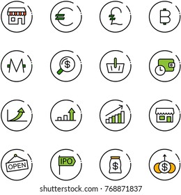 line vector icon set - duty free vector, euro, pound, bitcoin, monero, money search, basket, wallet time, growth arrow, store, open, ipo, bag, dollar