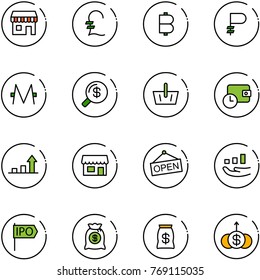 line vector icon set - duty free vector, pound, bitcoin, ruble, monero, money search, basket, wallet time, growth arrow, store, open, ipo, bag, dollar