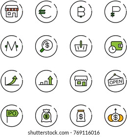 line vector icon set - duty free vector, euro, bitcoin, ruble, monero, money search, basket, wallet time, growth arrow, store, open, ipo, bag, dollar