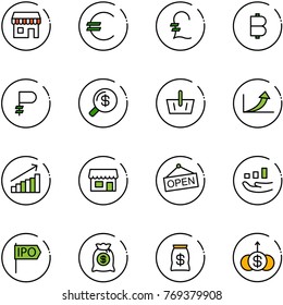 line vector icon set - duty free vector, euro, pound, bitcoin, ruble, money search, basket, growth arrow, store, open, ipo, bag, dollar