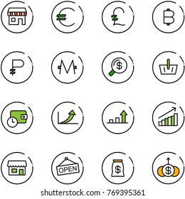 line vector icon set - duty free vector, euro, pound, bitcoin, ruble, monero, money search, basket, wallet time, growth arrow, store, open, bag, dollar