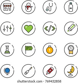 line vector icon set - duty free vector, snowman, stethoscope, milk, settings, heart, tag code, highlight marker, chess queen, ipo, gold medal, globe, chisel, moon lamp