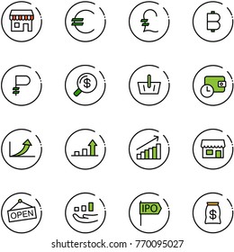 line vector icon set - duty free vector, euro, pound, bitcoin, ruble, money search, basket, wallet time, growth arrow, store, open, ipo, bag