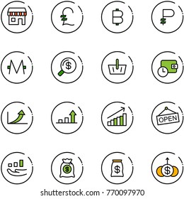 line vector icon set - duty free vector, pound, bitcoin, ruble, monero, money search, basket, wallet time, growth arrow, open, bag, dollar