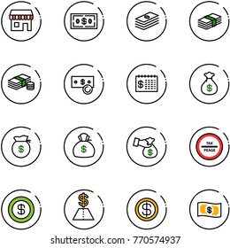 line vector icon set - duty free vector, dollar, cash, finance calendar, money bag, encashment, tax peage road sign