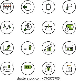 line vector icon set - duty free vector, euro, bitcoin, ruble, monero, money search, basket, wallet time, growth arrow, store, ipo, bag
