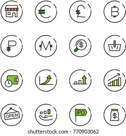 line vector icon set - duty free vector, euro, pound, bitcoin, ruble, monero, money search, basket, wallet time, growth arrow, open, ipo, bag