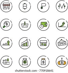 line vector icon set - duty free vector, bitcoin, ruble, monero, money search, basket, wallet time, growth arrow, store, open, bag, dollar