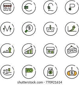 line vector icon set - duty free vector, euro, pound, ruble, monero, money search, basket, growth arrow, store, open, ipo, bag, dollar