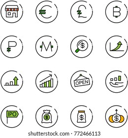 line vector icon set - duty free vector, euro, pound, bitcoin, ruble, monero, money search, growth arrow, open, ipo, bag, dollar