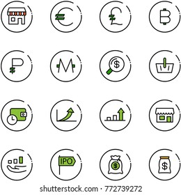 line vector icon set - duty free vector, euro, pound, bitcoin, ruble, monero, money search, basket, wallet time, growth arrow, store, ipo, bag