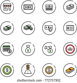 line vector icon set - duty free vector, dollar, cash, finance calendar, money bag, encashment, tax peage road sign