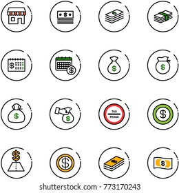 line vector icon set - duty free vector, dollar, finance calendar, money bag, encashment, tax peage road sign