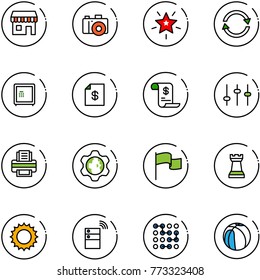 line vector icon set - duty free vector, camera, christmas star, exchange, safe, account statement, history, settings, printer, gear globe, flag, chess tower, sun, server wireless, circuit