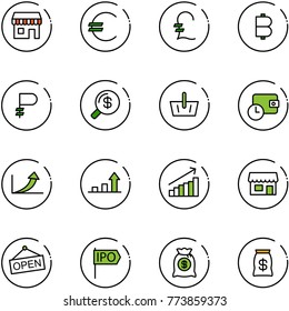 line vector icon set - duty free vector, euro, pound, bitcoin, ruble, money search, basket, wallet time, growth arrow, store, open, ipo, bag