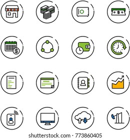 line vector icon set - duty free vector, big cash, safe, calendar, community, wallet time, clock around, document, schedule, contact book, growth, identity card, monitor, cloud exchange data