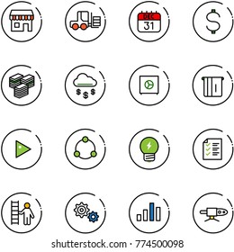 Line Vector Icon Set - Duty Free Vector, Fork Loader, 31 Dec Calendar, Dollar, Big Cash, Money Rain, Safe, Atm, Play, Community, Idea, List, Opportunity, Gear, Chart, Pipe Welding