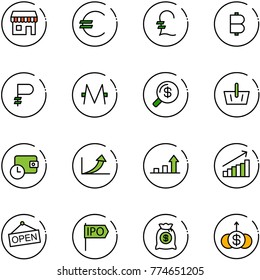line vector icon set - duty free vector, euro, pound, bitcoin, ruble, monero, money search, basket, wallet time, growth arrow, open, ipo, bag, dollar