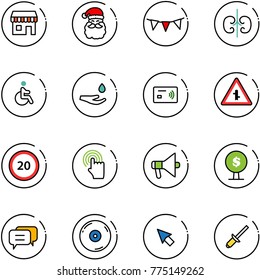 line vector icon set - duty free vector, santa claus, flag garland, kidneys, disabled, drop hand, tap pay, intersection road sign, speed limit 20, cursor, loudspeaker, money tree, dialog, cd, clinch