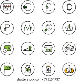 line vector icon set - duty free vector, euro, pound, bitcoin, ruble, monero, money search, basket, wallet time, growth arrow, store, open, ipo, bag, dollar