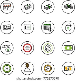 line vector icon set - duty free vector, dollar, cash, finance calendar, money bag, encashment, tax peage road sign