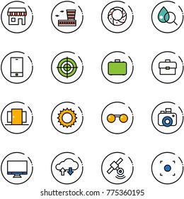 line vector icon set - duty free vector, airport building, christmas wreath, blood test, phone, target, case, portfolio, doors, sun, sunglasses, camera, monitor, cloud exchange data, satellite