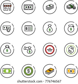 line vector icon set - duty free vector, dollar, cash, finance calendar, money bag, encashment, tax peage road sign