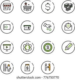 line vector icon set - duty free vector, airport building, dollar sign, big cash, safe, receipt, investment, opened mail, presentation board, gear globe, highlight marker, opportunity, money bag
