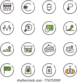 line vector icon set - duty free vector, euro, bitcoin, ruble, monero, money search, wallet time, growth arrow, store, open, ipo, bag, dollar